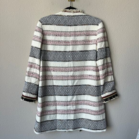 Zara Boucle Tweed Embellished Sequin Fringe Striped Open Jacket Size S - Picture 3 of 8